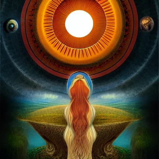 Image similar to symetrical, a majestic photograph of the king of agharta, land of advanced races, giant, hollow earth infographic, illustrations, a big shell with a sun in the interior, dynamic lighting, digital art, fantastically beautiful, illustration,, closeup, aesthetically inspired by leonardo da vinci, trending on artstation, art by daniel merriam, 8 k, upscale