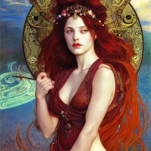 Image similar to an portrait of a beautiful alluring female demon goddess with fire in her glowing eyes, detailed, centered, digital painting, artstation, concept art, donato giancola, Dante Gabriel Rossetti, alphonse mucha, Joseph Christian Leyendecker, WLOP, Boris Vallejo, Breathtaking, 8k resolution, extremely detailed, beautiful, establishing shot, artistic, hyperrealistic, beautiful face, octane render