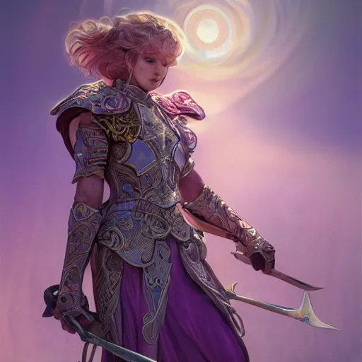 Image similar to portrait knights of Zodiac girl, metalic pink and pastel purple reflected armor, in ruined Agora of Athens sunrise, ssci-fi, fantasy, intricate, very very beautiful, elegant, golden light, highly detailed, digital painting, artstation, concept art, smooth, sharp focus, illustration, art by tian zi and WLOP and alphonse mucha