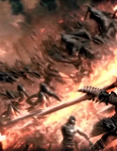 Prompt: epic battle screen, film still from the movie'3 0 0'( 2 0 0 6 )