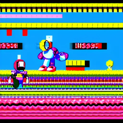 Prompt: new megaman enemy 'chickenman' who has the power of shooting eggs at you, nes 8bit graphics design, high quality detail, Nintendo campcom game design, clean screenshot upload, bright colours