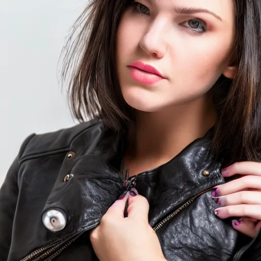 Image similar to young woman in her 20s, she wears a leather jacket and boots, full body shot, photography, very detailed face