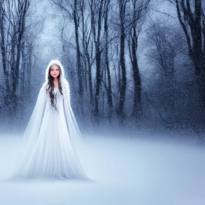 Image similar to photograph of a real-life beautiful ice queen with intricate white dress in an ethereal snowy landscape. Extremely detailed. 8k