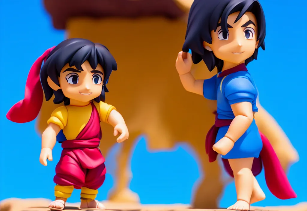 Image similar to side view of young aladdin as nendoroid running in desert village, 8 k hd dof, kodak film,