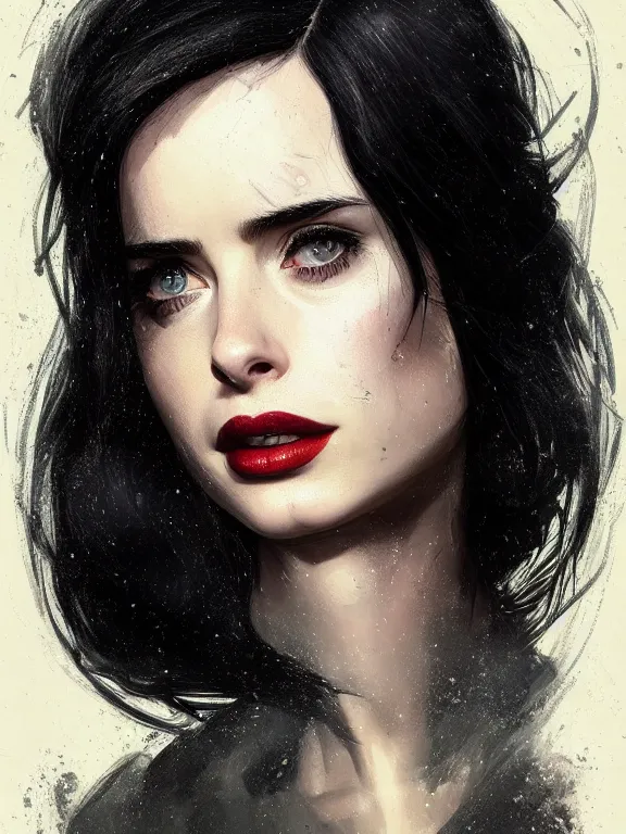 Prompt: face portrait of a beautiful young krysten ritter as the black widow in fallout 4, long black hair, art by ryo shiotani and greg rutkowski, intricate, rule of thirds, beautiful, cute, cinematic lighting, vintage art by serge ivanoff, inspired by adonna khare