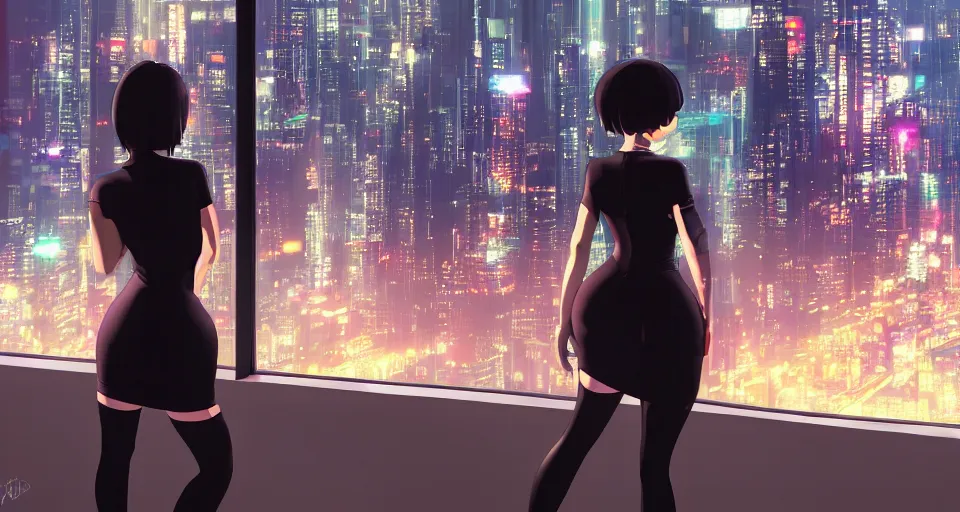 Image similar to back of woman wearing stylish black minidress looking out a penthouse window at a panoramic view of a cyberpunk city at night, bokeh lights, anime, ilya kuvshinov, guweiz, artstation trending, concept art