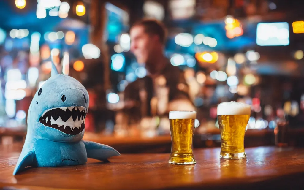 Image similar to Shark plush ordering a beer at a bar, stuffed toy, fish, dim lighting, 50mm, depth of field