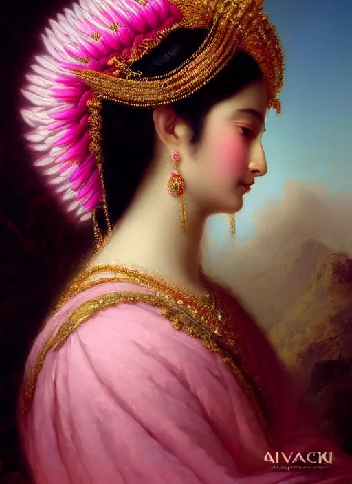 Image similar to stunning afgan godess princess, detailed pink and white protea head peace against a black backdrop by ivan aivazovsky, 3 / 4 view portrait, wlop, super sharp details, photorealism, canon 5 d, 5 0 mm lens, stunning photoshot, beautiful soft lighting, muted colours, artstation