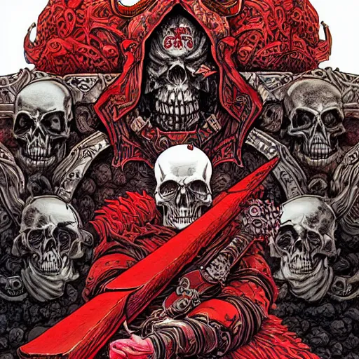 Image similar to blood for the bloodgod, skulls for the skullthrone, colored ink, moebius illustration art, key art