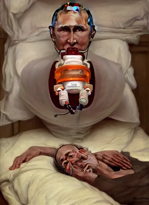 Image similar to a super very hyperrealistic oil painting of ill Vladimir Putin as a patient wearing an oxygen mask on a death bed inhaling from Copium tank that stand near his bed, visible face, by Laurie Greasley, Lawrence Alma-Tadema, Dan Mumford, artstation, deviantart, FAN ART, full of color, Digital painting, face enhance, highly detailed, 8K, octane, golden ratio, cinematic lighting