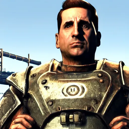 Prompt: Michael Scott wearing fallout 4 powerarmor, unreal engine, high res