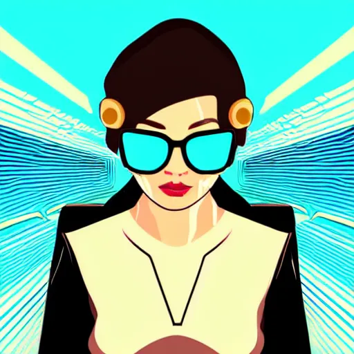 Image similar to a woman with light blue shutter shades in front of a sunset, a dark brown leather jacket, one side brown haircut with blue ends, vector art by jan tengnagel, pixabay contest winner, retrofuturism, retrowave, synthwave, outrun, portrait,