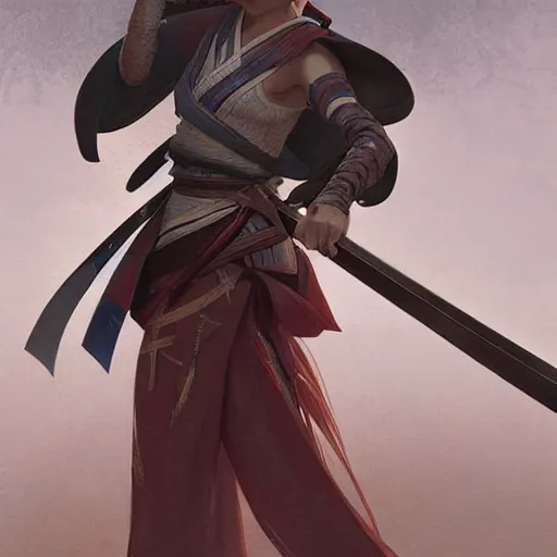 Prompt: female Samurai wielding a katana, highly detailed, digital painting, artstation, concept art, sharp focus, illustration, cinematic lighting, art by artgerm and greg rutkowski and alphonse mucha