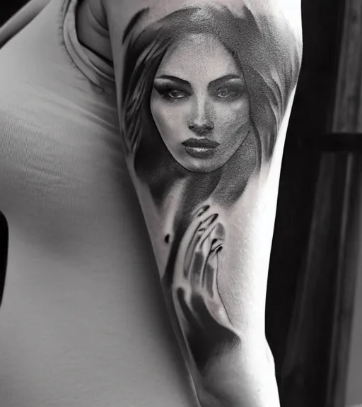 Image similar to tattoo design sketch of a beautiful woman with a background of beautiful mountains on her side, hyper - realistic, double exposure effect, in the style of den yakovlev, amazing detail, black and white, faded