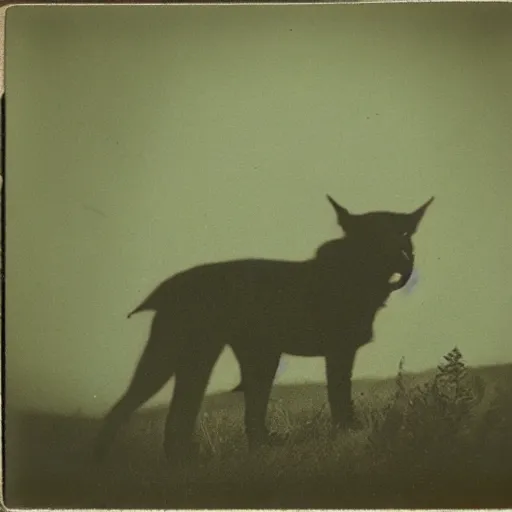 Image similar to old polaroid depicting a hellhound with white eyes and long sharp teeth, at a clearing, at dusk