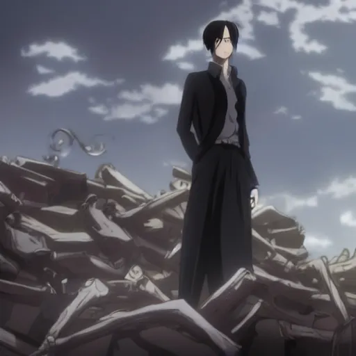 Prompt: levi ackerman, standing on corpses, cinematic