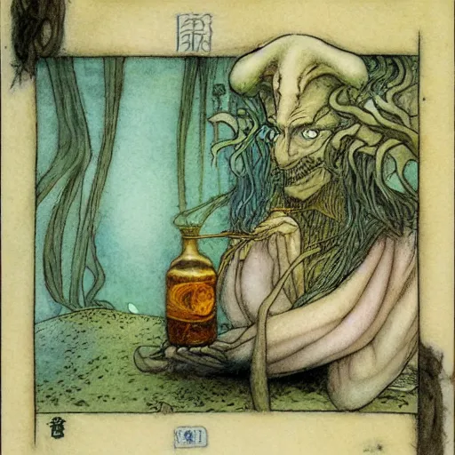 Prompt: A Brian Froud illustration of the faerie of the swamp having a drink of sake at a Japanese bar.