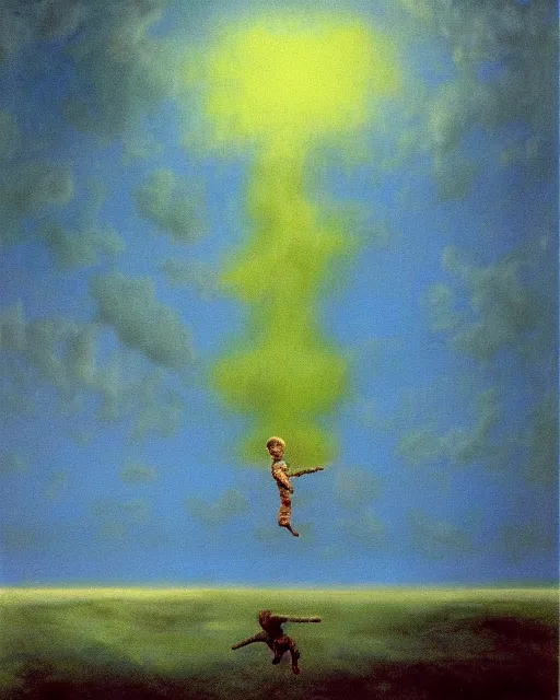 Image similar to early color photo of a scared boy flying in sky, Beksinski painting, painted by Adrian Ghenie and Gerhard Richter, 2007