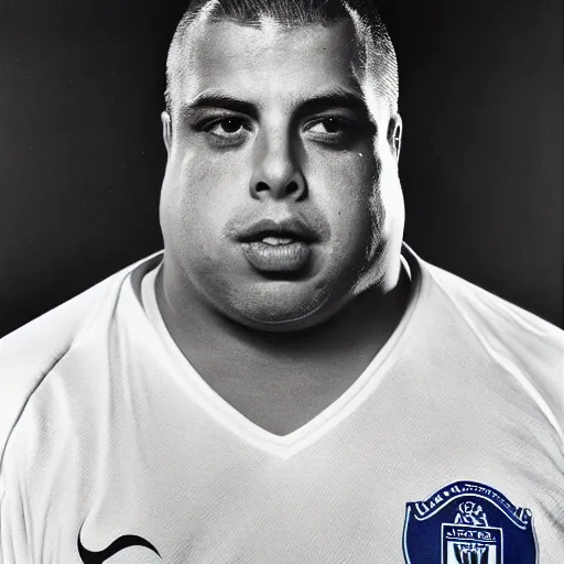 Image similar to fat ronaldo nazario by yousuf karsh, head and shoulders, faint smile