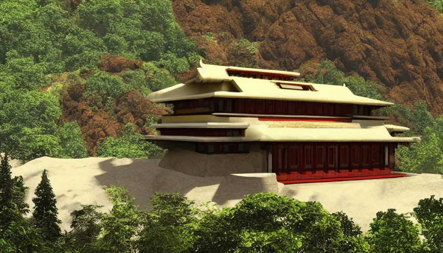 Prompt: small temple house inspired by tibetan architecture, on a green hill, overlooking a valley with trees, frank lloyd wright, realistic render, birdseye view