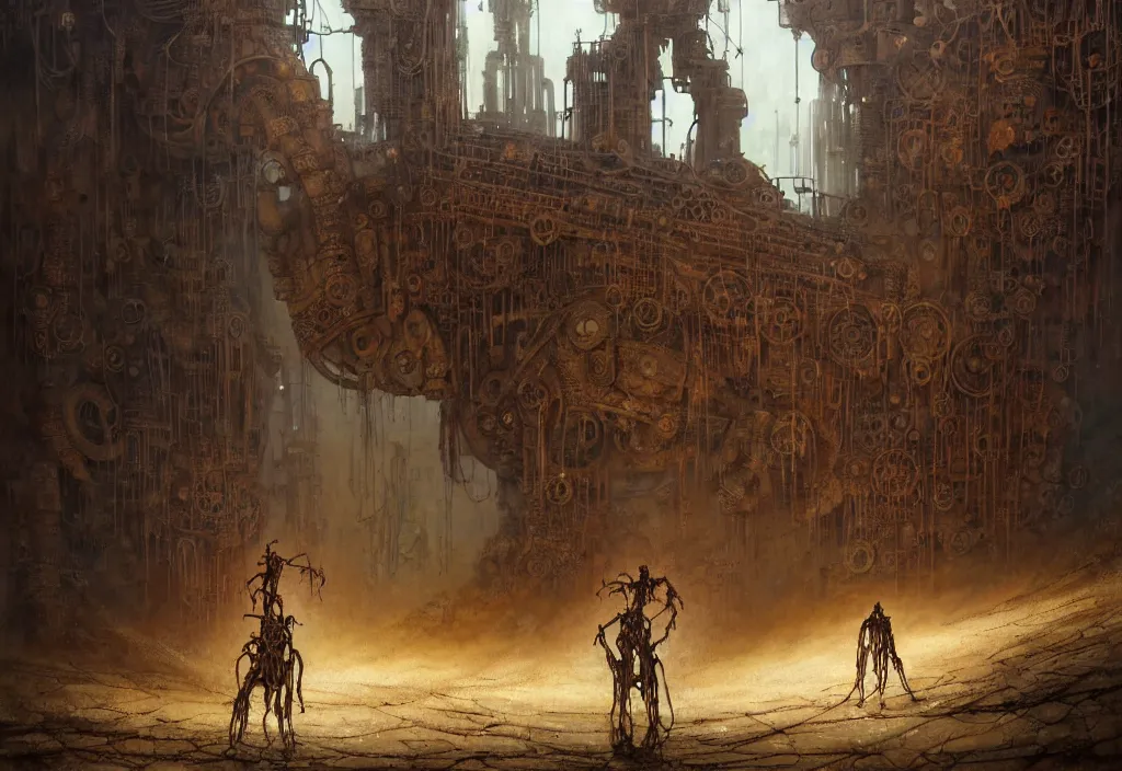 Image similar to A human in shamanistic robes performs a magical ritual to resurrect a mechanical horse inside a ancient steel ruins are covered with barchans of sand. Art by Finnian MacManus, Simon Stalenhag, Arthur Rackham. Masterpiece, closeup, fantasy art, cinematic, hyperdetailed, photorealistic, cyberpunk, postapocalyptic, steampunk, hyperrealism, octane render, 8k