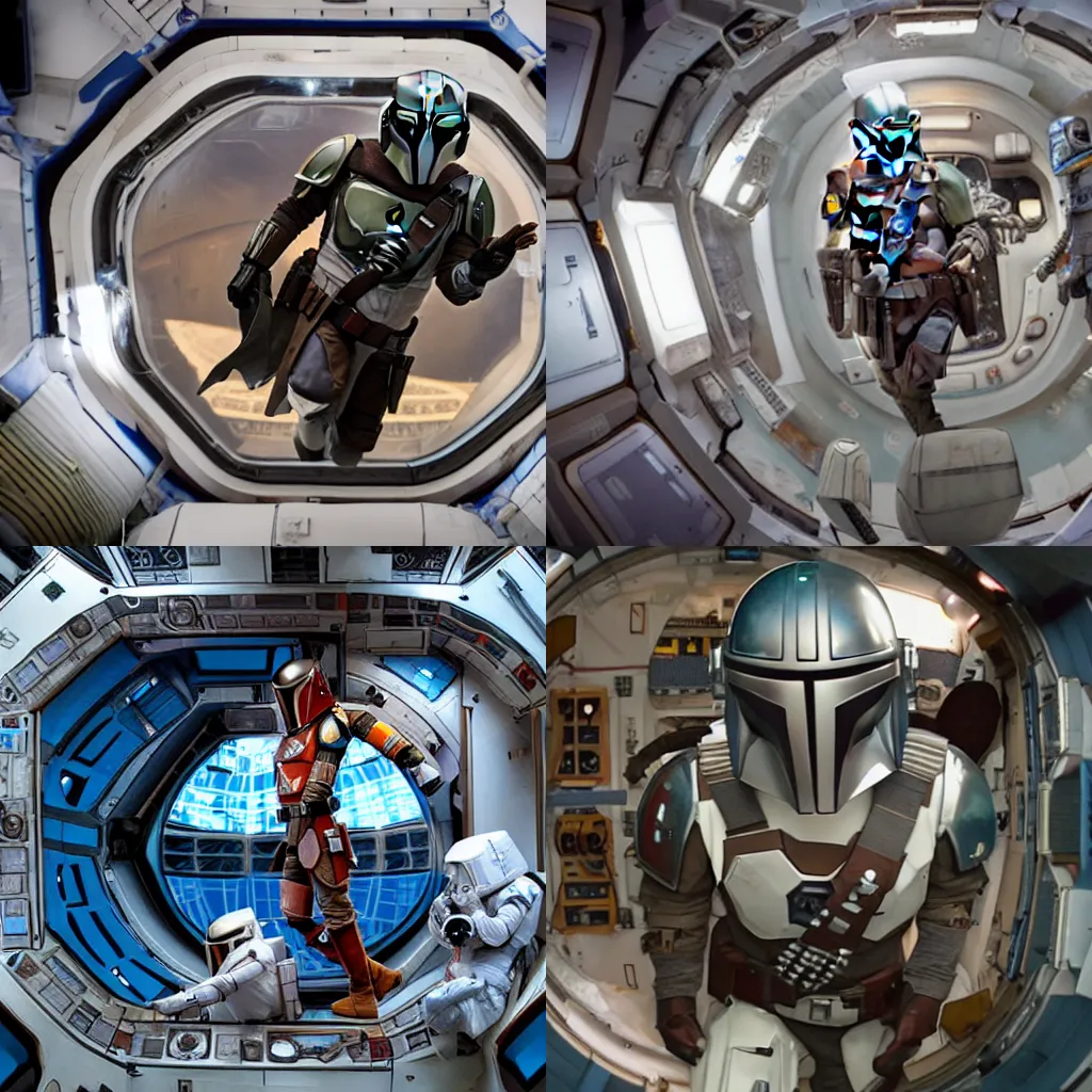 Prompt: The Mandalorian floating in the interior of the International Space Station