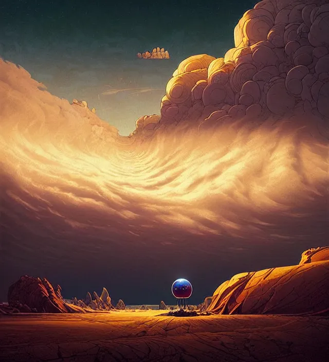 Prompt: a 🌊 swirling in the sky above a barren 🏜 by ivan shishkin and zacharias aagaard and simon stalenhag and dan mumford, chiaroscuro, hyper detailed, high saturation, retrowave