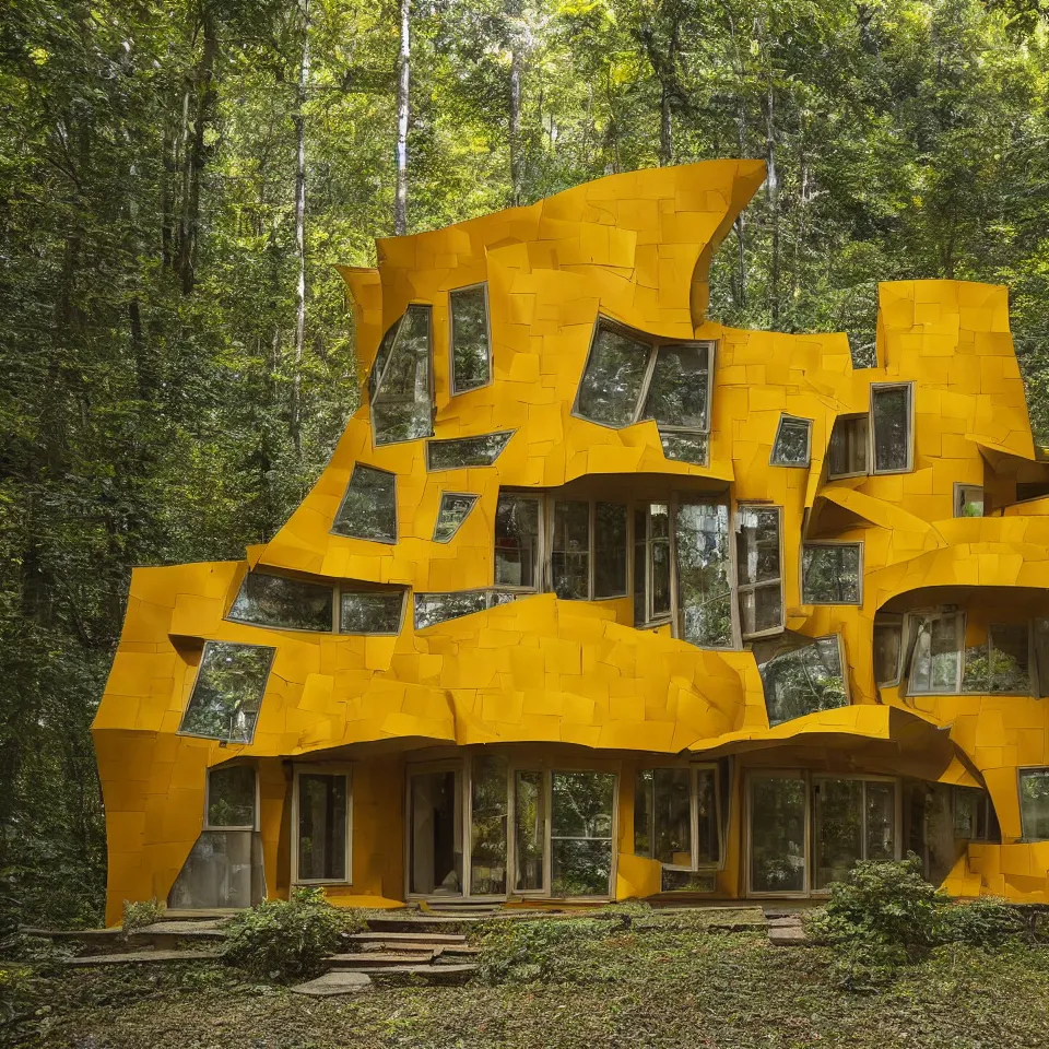 Image similar to a small flat house in the forest, designed by Frank Gehry. Big Tiles. Film grain, cinematic, yellow hue