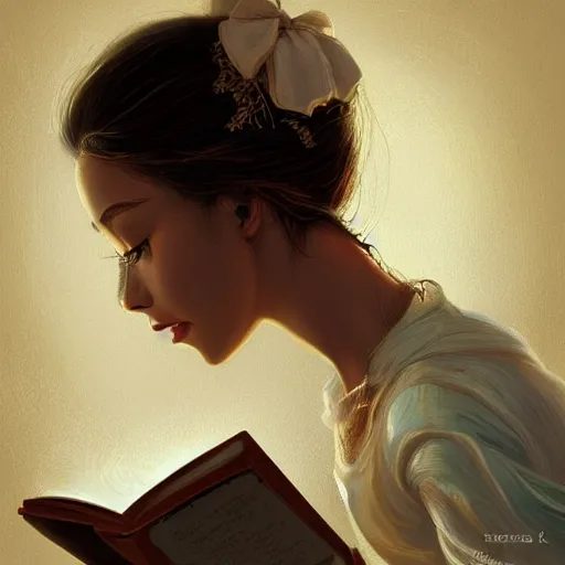 Image similar to village girl reading a book, cinematic, intricate, elegant, highly detailed, digital painting, artstation, concept art, smooth, sharp, focus, illustration, art by artgerm and Johfra Bosschart