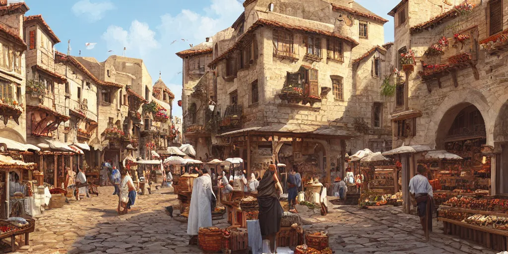 Image similar to a busy medieval Mediterranean street market in the style of Sylvain Sarrailh, Greek islands, old terracotta roofs, narrow streets, stone steps, character design, whitewashed buildings, old port, hanging fabric, bartering merchants, beautiful digital art, cinematic composition, detailed, concept art, Matt painting, oil painting, high res