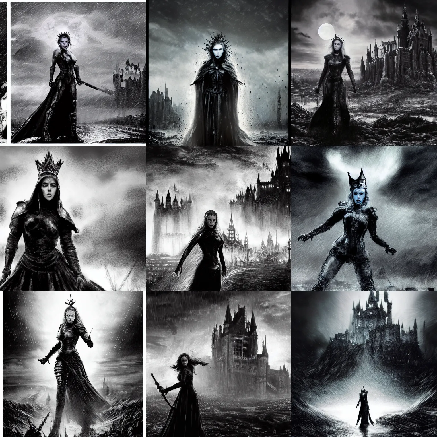 Prompt: black and white, scarlett johansson as a white walker, wearing rain soaked armour in the pouring rain and a crown, frank frazetta manga style, hyper realism, pencil and ink, full body standing pose, dynamic lighting in a post apocalyptic city and huge gothic castle in the background, at night with dramatic moonlight, drawn with added movement effects, cinematic effects vfx, dynamic angle