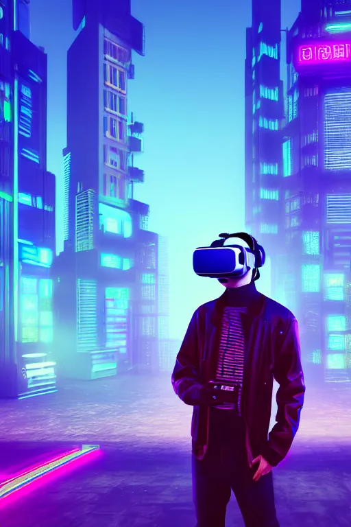 Image similar to cool cyberpunk dude with vr goggles, looking onto the city buildings, photorealism, night ambiance, vaporwave colors, neon glow on structures, highly detailed, trending on artstation, cinematic moody colors, 8 k, 4 k