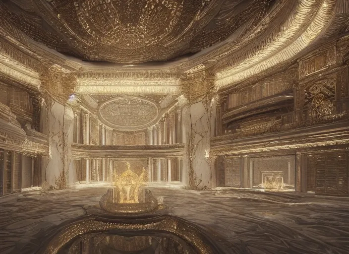 Image similar to “grand ancient heavenly palace, golden white material, insanely mystical, hyper realistic, extremely detailed, concept art, trending on artstatoon, atmospheric, 8k, octane render, unreal engine”