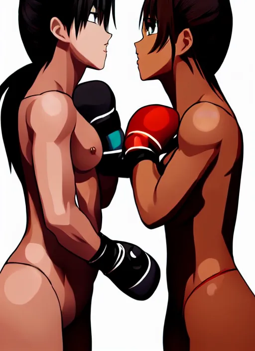 Prompt: two beautiful female boxers facing each other, black top, dim lighting, gorgeous features, smooth, detailed anime art