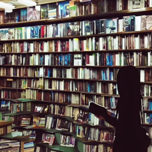 Image similar to At the end of the world, a high school girl browsing in a bookstore, Makoto Shinkai style