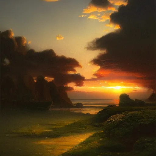 Prompt: a sunset by frederick waugh, cinematic angle, studio Ghibli and Thomas Cole vibe, bold, beautiful composition, intricate, digital art, detailed oil painting, hyperrealistic, sharp focus, 8k