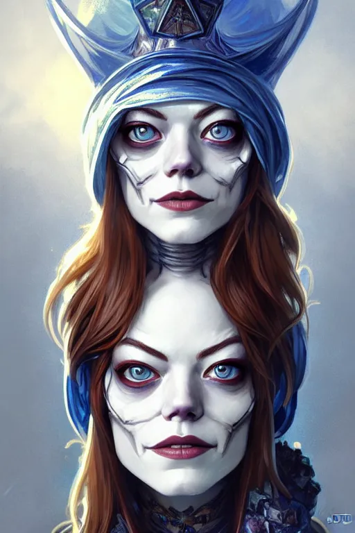 Prompt: Portrait of skeleton Emma Stone with a wizard hat on head, D&D, blue eyes, face, fantasy, intricate, elegant, highly detailed, digital painting, artstation, concept art, smooth, sharp focus, illustration, art by artgerm and greg rutkowski and alphonse mucha
