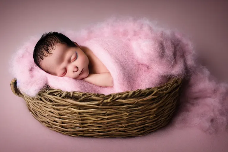 Prompt: beautiful sleeping newborn human baby girl wrapped in pink blanket inside a wooden basket on top of flowers and a furry pink carpet, newborn photography style, photographic, ultra realistic, highly detailed, octane render