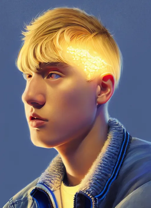 Image similar to portrait of high school senior boy named big moose, blonde short hair, jock, beefy, wide face, square jaw, square facial structure, blue varsity jacket with letter r, intricate, elegant, glowing lights, highly detailed, digital painting, artstation, concept art, sharp focus, illustration, art by wlop, mars ravelo and greg rutkowski