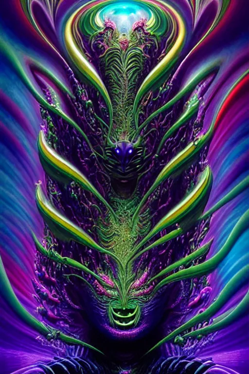 Prompt: depicting a wrathful technological nightmare monster god, in the style of lisa frank, exuberant organic elegant forms, by karol bak and filip hodas : : 1. 4 purple, red, blue, green, black intricate : : intuit art : : turbulent water backdrop : : damask wallpaper : : atmospheric