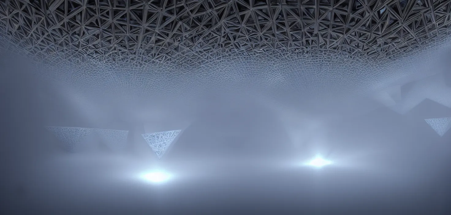 Image similar to light beams as structural space forming a mystical megastructure - in a harmonic sacred geometry pattern, by jack oliva - rendler, by gaudi, photorealistic, god rays, octane render, depth of field, deep volumetric light, deep volumetric fog, volumetric fog space, apex of creation, realistic render