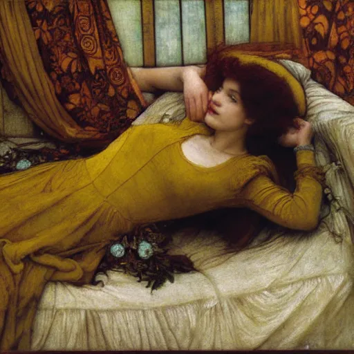 Image similar to preraphaelite photography reclining on bed, a hybrid of judy garland and lene lovich, aged 2 5, big brown fringe, yellow ochre ornate medieval dress, john william waterhouse, kilian eng, rosetti, john everett millais, william holman hunt, william morris, 4 k