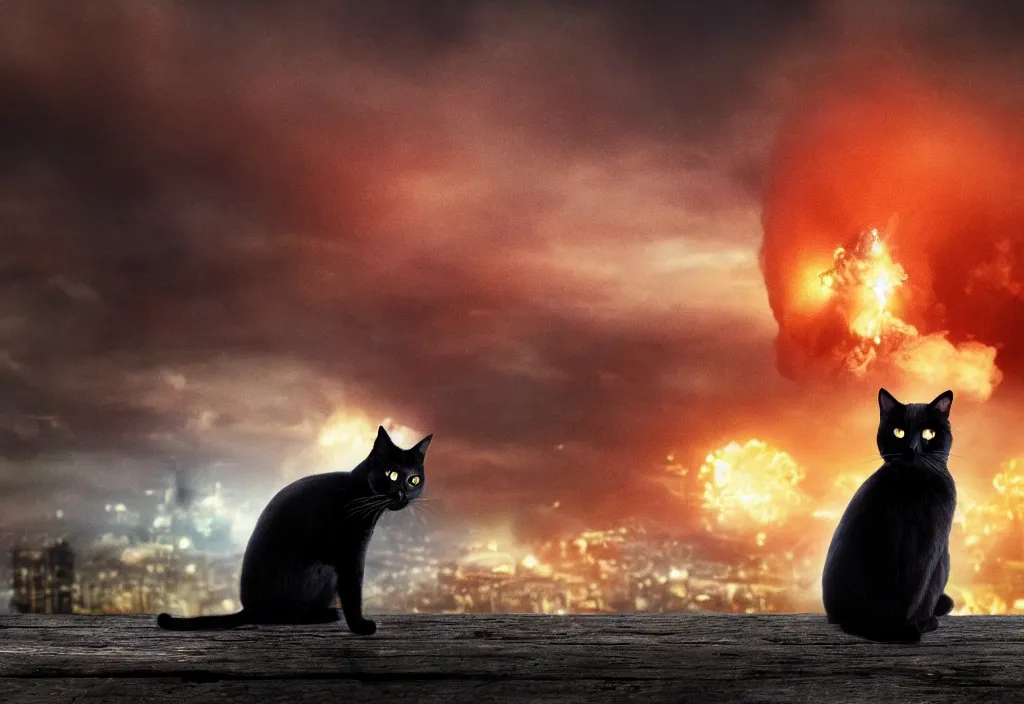 Image similar to old manwith black cat watching nuke explosion cinematic, background blur bokeh, world ending nuke, 4 k