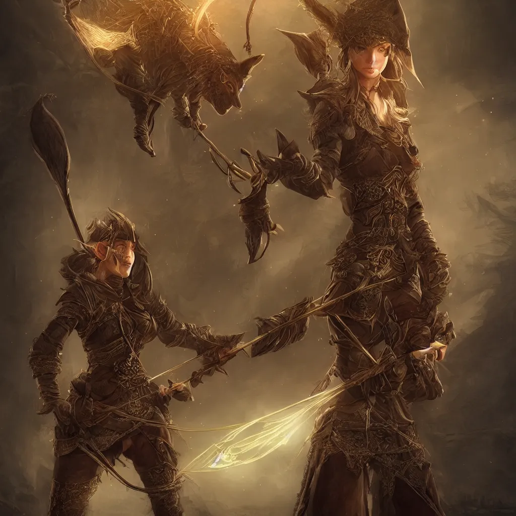 Image similar to Photorealistic fantasy portrait of one single female D&D elf ranger holding a longbow. A pet wolf. Magical occult photorealism, UHD, amazing depth, glowing, golden ratio, 3D octane cycle unreal engine 5, volumetric lighting, cinematic lighting, cgstation artstation concept art