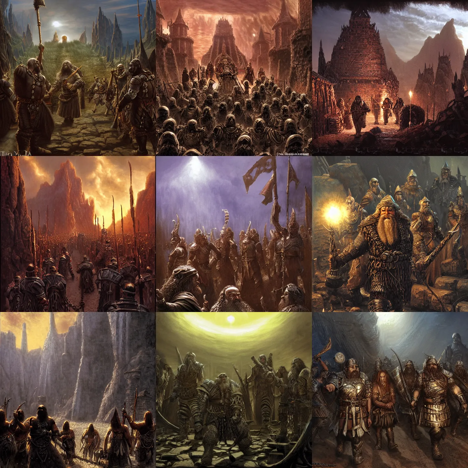 Prompt: Successfull dwarven raiders return from the slave raid, slaves with chains, dark fantasy, art by Ted Nasmith and James Gurney, dramatic lighting, cinematic, establishing shot, extremely high detail, photorealistic