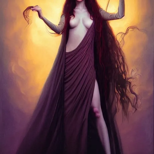 Prompt: portrait of a female wizard in flowing sensual dress, long flowing hair, delicate, looking at camera, slightly smiling, realistic face, stylish, elegant, extremely detailed painting inspired by Gerald Brom, stunning lighting