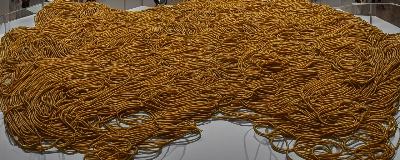 Prompt: famous sculpture made of spaghetti, at ny museum of modern art, in the style of damien hirst, kodachrome film, retro