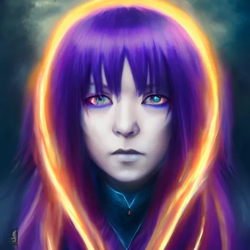 Image similar to rimuru tempest from tensura holding purple fire in his palm, with amber eyes of golden colored eyes, straight hair, sky blue hair, long bangs, gothic attire, regal attire, concept art, award winning photography, digital painting, cinematic, wlop, 8 k, by ross tran, tom bagshaw, andy warhol