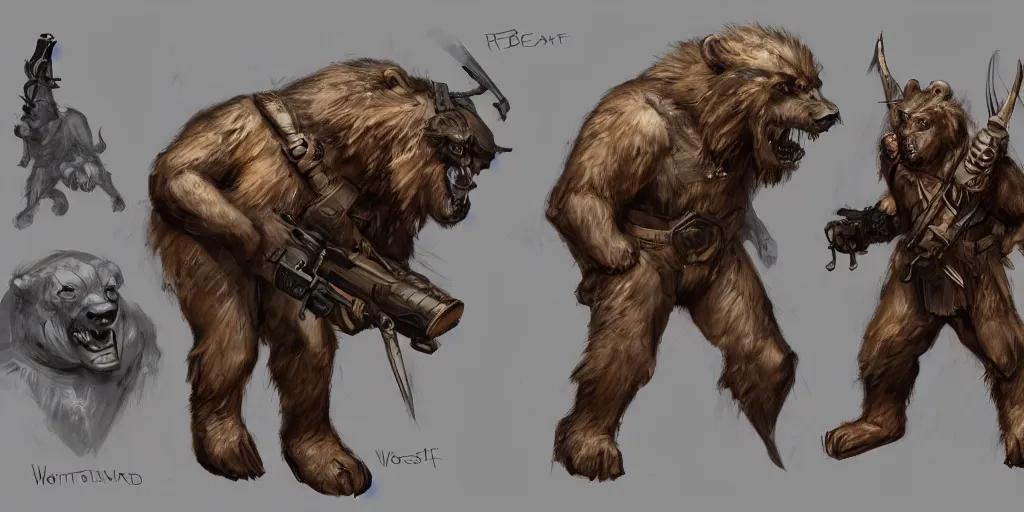 Image similar to concept art of a high fantasy ww1 bear beast-man soldier using a ray gun trending on artstation, detailed high resolution