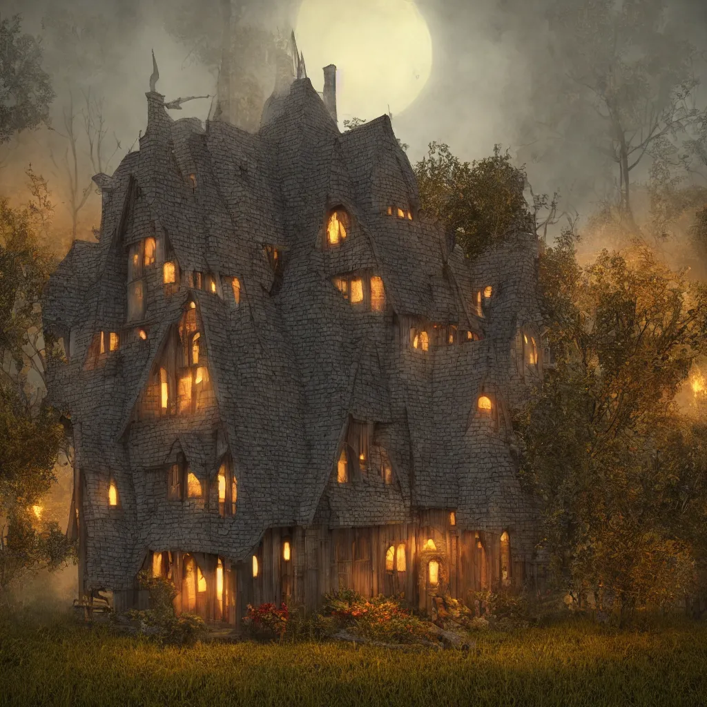 Image similar to fabricate an old witch house in style of wizard of oz, lots of smoke, gloomy, soft yellow red, atmosphere, rooftop smoking,, cinematic, unreal engine, golden ratio, cosmic horror, realistic, photorealistic. realistic, 8 k octanerender